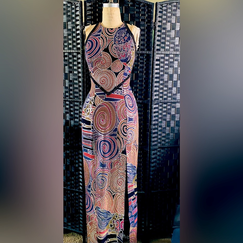 Halter gown textured fabric with rhinestones straps and leg openings slit